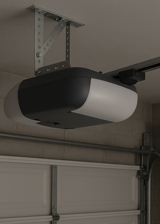Close-up of modern garage door opener mechanism during repair