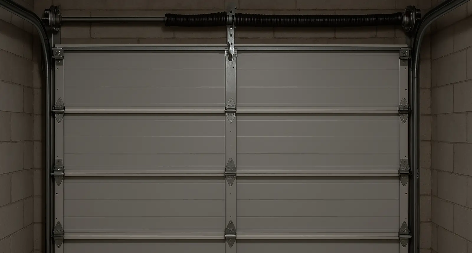 Newly installed garage door spring with steel cables
