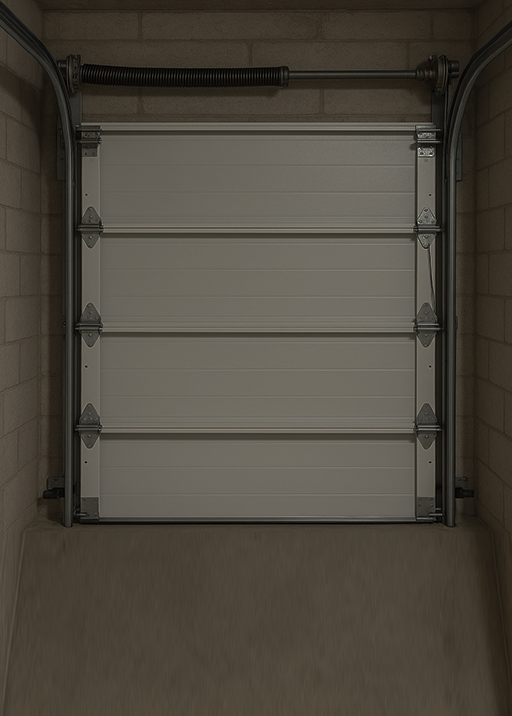 Newly installed garage door spring with steel cables