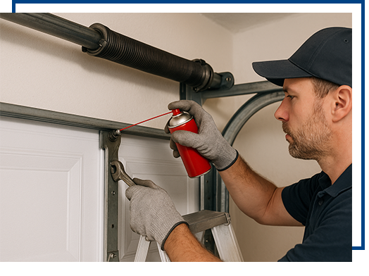 Technician performing garage door maintenance to prevent breakdowns