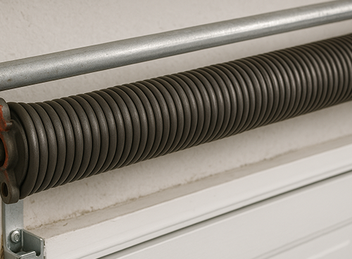 Close-up of a garage door spring showing signs of wear, highlighting safety risks and the need for timely repair