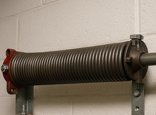 Damaged garage door spring affecting smooth operation and straining the opener mechanism
